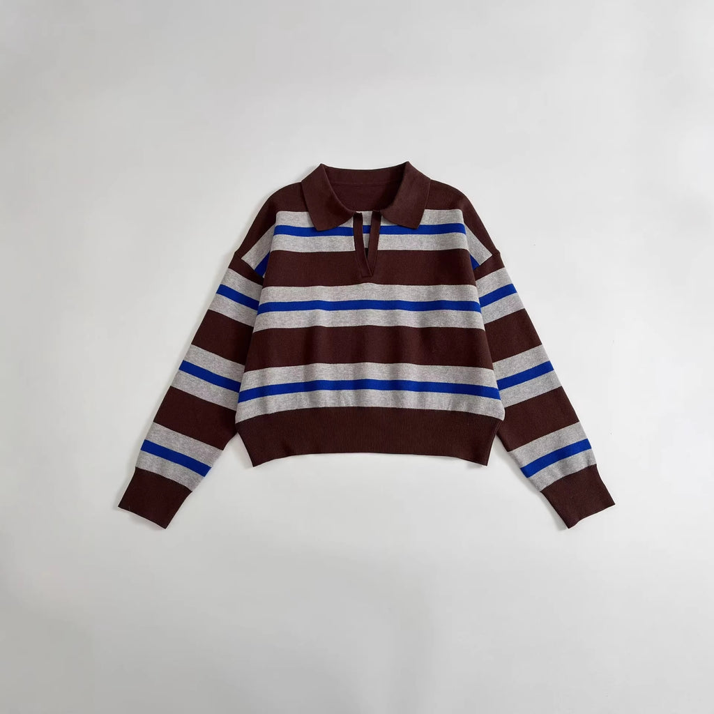 Women's Striped Polo Collar Sweater with Boxy Fit and V-Neck Fashion Glam