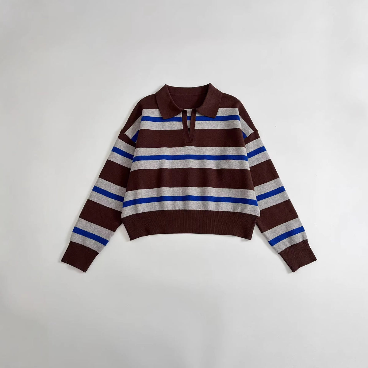 Women's Striped Polo Collar Sweater with Boxy Fit and V-Neck Fashion Glam