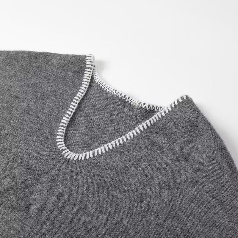 Women Short V-neck Knit Sweater with Patch Pockets and Decorative Stitch Fashion Glam