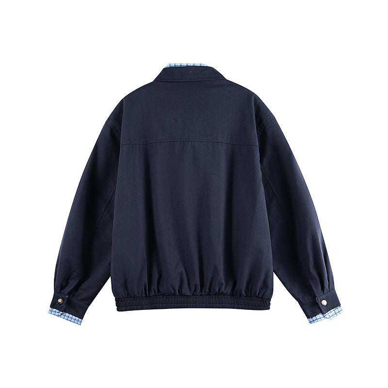 Men's Lightweight Bomber Jacket with Zipper, Checked Lined Collar and Elastic Hem Fashion Glam