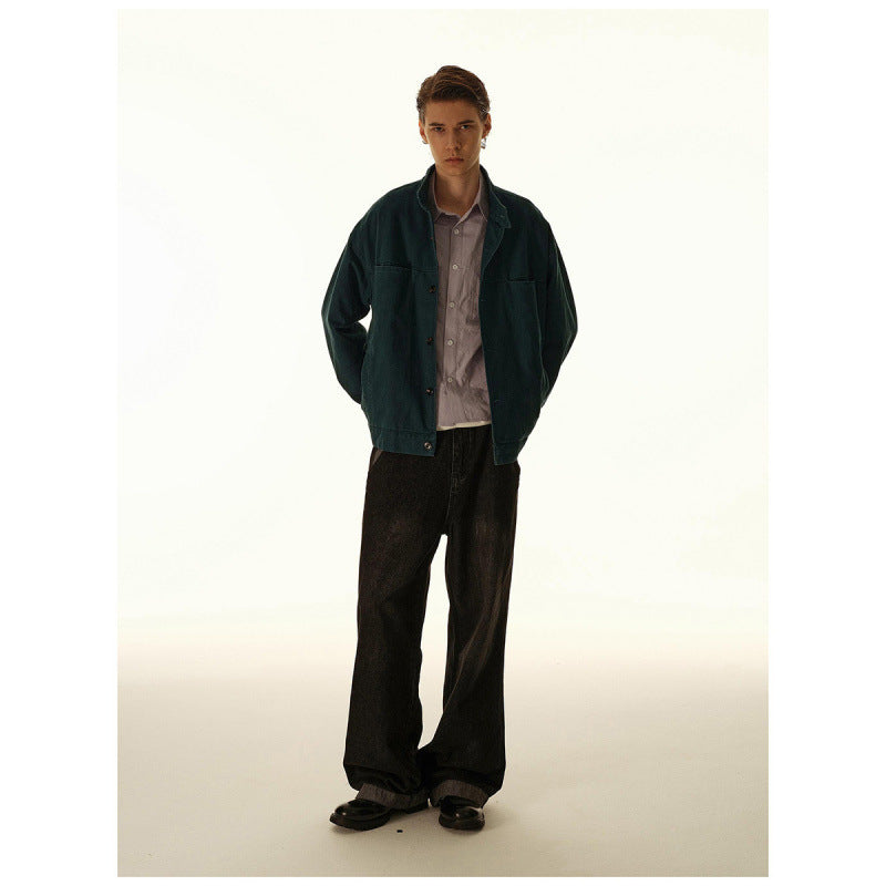 Men's Loose Canvas Overshirt with Stand-Up Collar, Patch Pockets and Distinctive Stitching Details Fashion Glam
