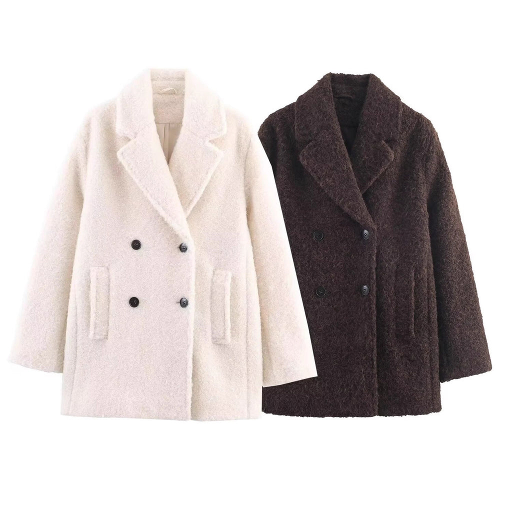 Ladies Double-Breasted Teddy Coat with Shawl Collar and Patch Pockets Fashion Glam