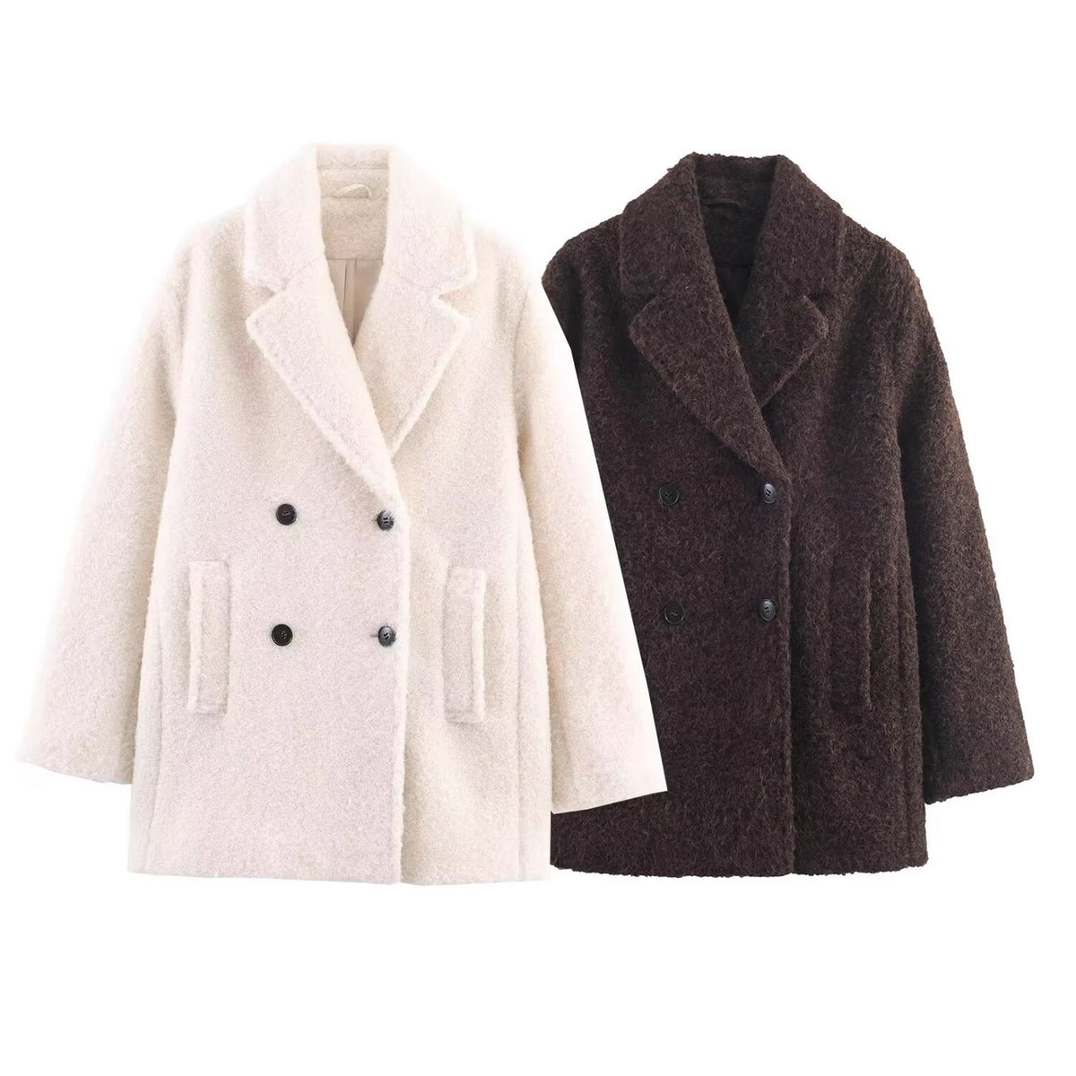 Ladies Double-Breasted Teddy Coat with Shawl Collar and Patch Pockets Fashion Glam