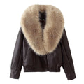 Women's Short-Cut Leather Bomber Jacket with Voluminous Removable Fur Collar Fashion Glam