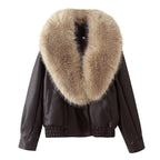 Women's Short-Cut Leather Bomber Jacket with Voluminous Removable Fur Collar Fashion Glam