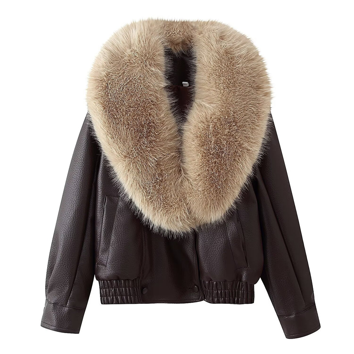 Women's Short-Cut Leather Bomber Jacket with Voluminous Removable Fur Collar Fashion Glam