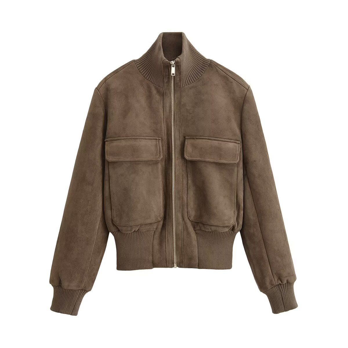 Women Short Cut Suede Look Bomber Jacket with Stand-Up Collar and Large Flap Pockets Fashion Glam