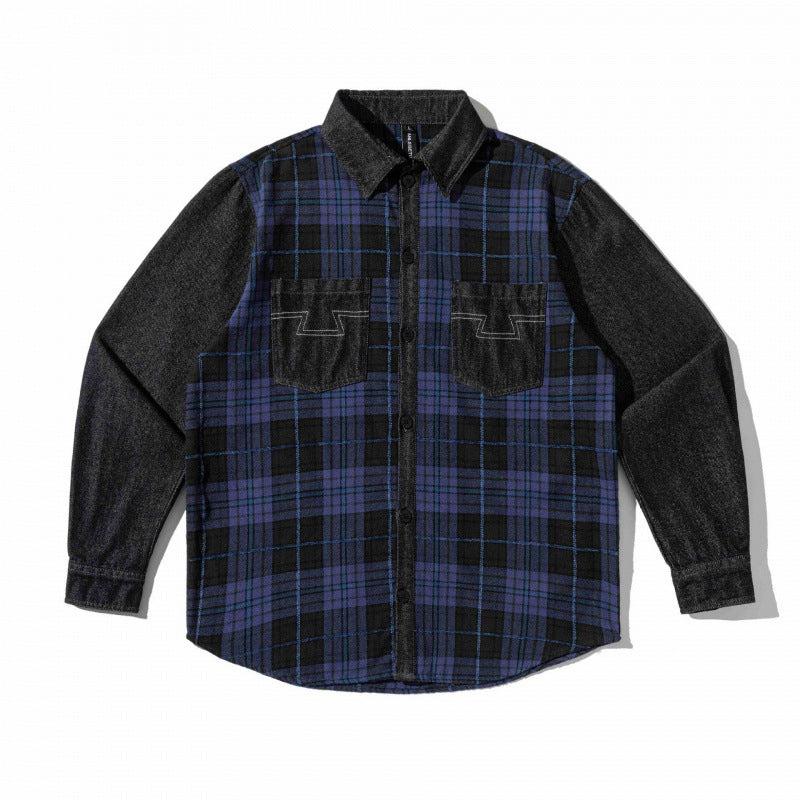 Unisex Boxy Check Mix Overshirt with Denim Sleeves and Chest Patches Fashion Glam