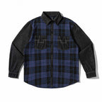 Unisex Boxy Check Mix Overshirt with Denim Sleeves and Chest Patches Fashion Glam