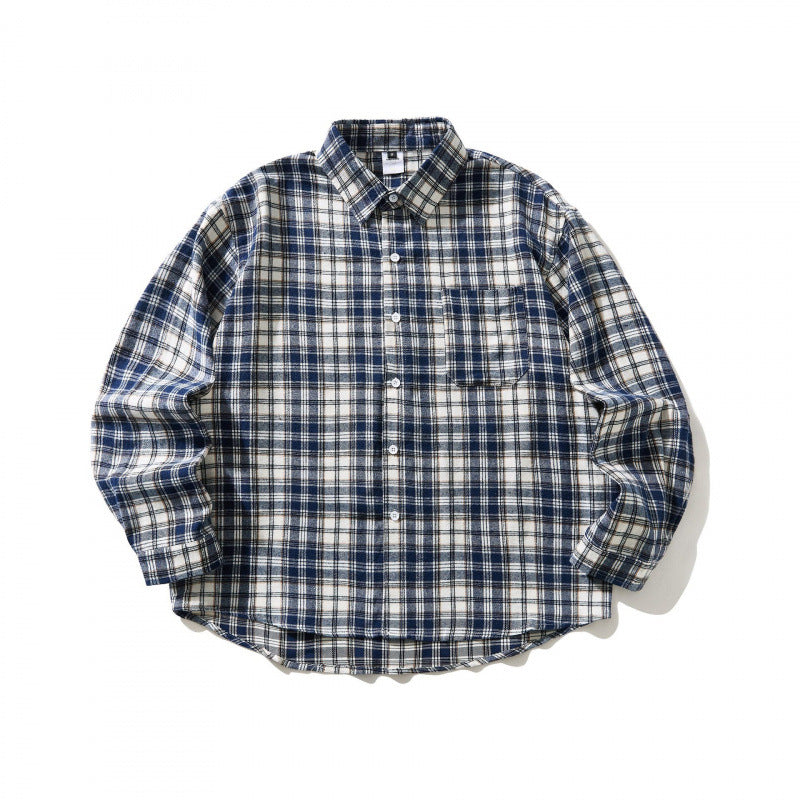 Unisex Oversized checked Flannel shirt jacket with chest pocket and rounded hem Fashion Glam