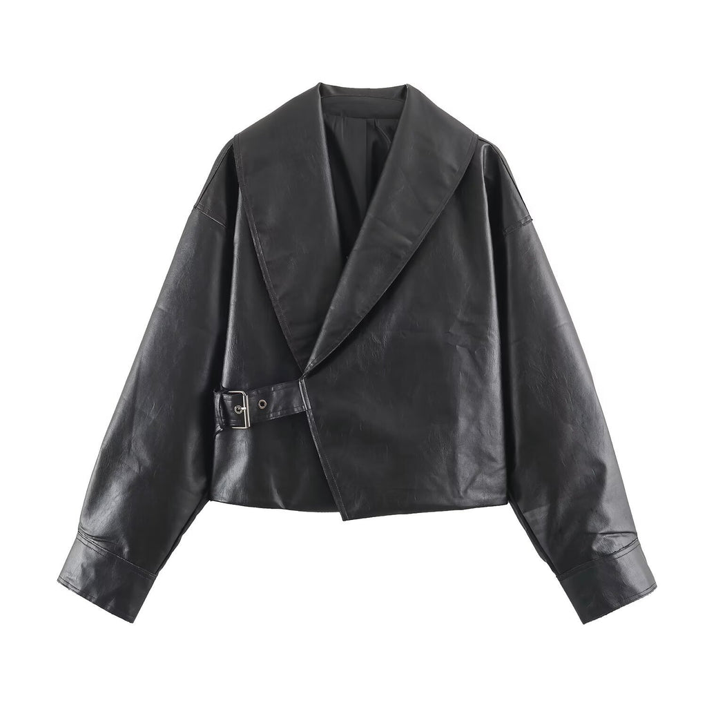 Women Short Oversized Faux Leather Jacket with Wide Shawl Collar and Belt Fashion Glam
