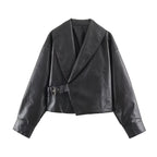 Women Short Oversized Faux Leather Jacket with Wide Shawl Collar and Belt Fashion Glam