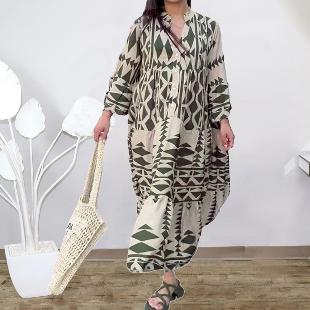 Women's Loose Maxi Dress in Boho Style with Graphic Print, V-Neck and Button Placket Fashion Glam