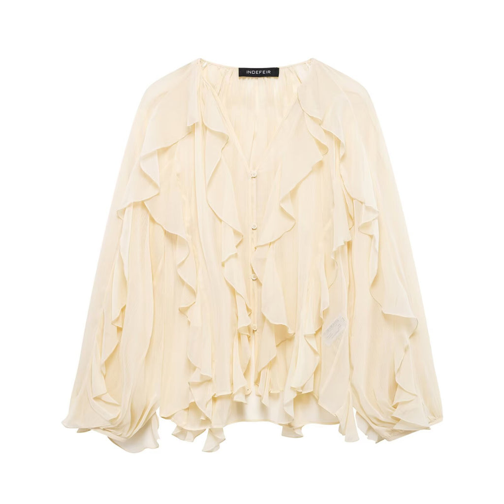 Women Voluminous Chiffon Blouse with Layered Ruffles and Button Placket Fashion Glam