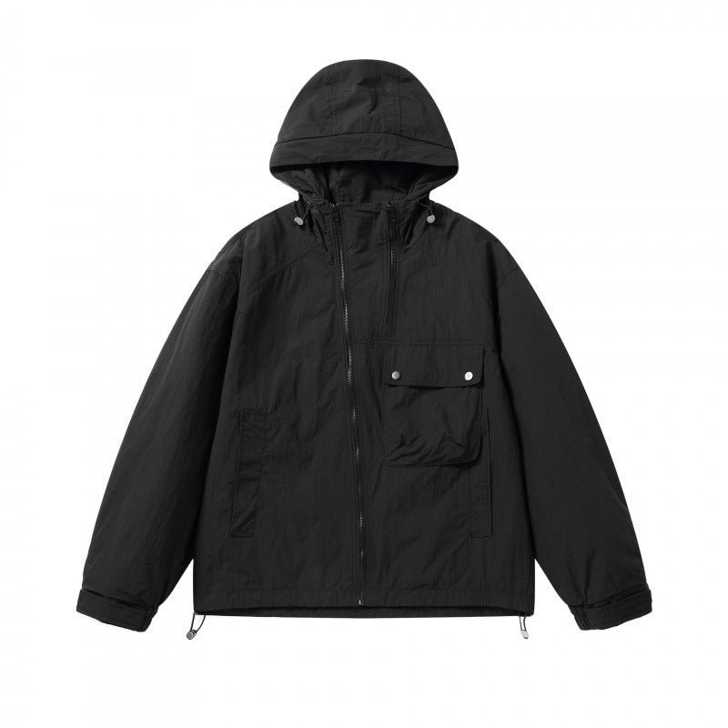 Unisex Lightweight Hooded Transition Jacket with Large Flap Pocket Detail and Drawstring Fashion Glam