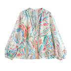 Ladies Lightweight Viscose Blouse with Watercolor Floral Print, V-Neck and Balloon Sleeves Fashion Glam