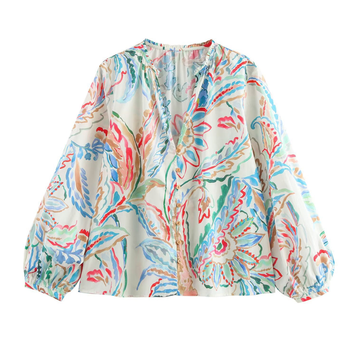 Ladies Lightweight Viscose Blouse with Watercolor Floral Print, V-Neck and Balloon Sleeves Fashion Glam