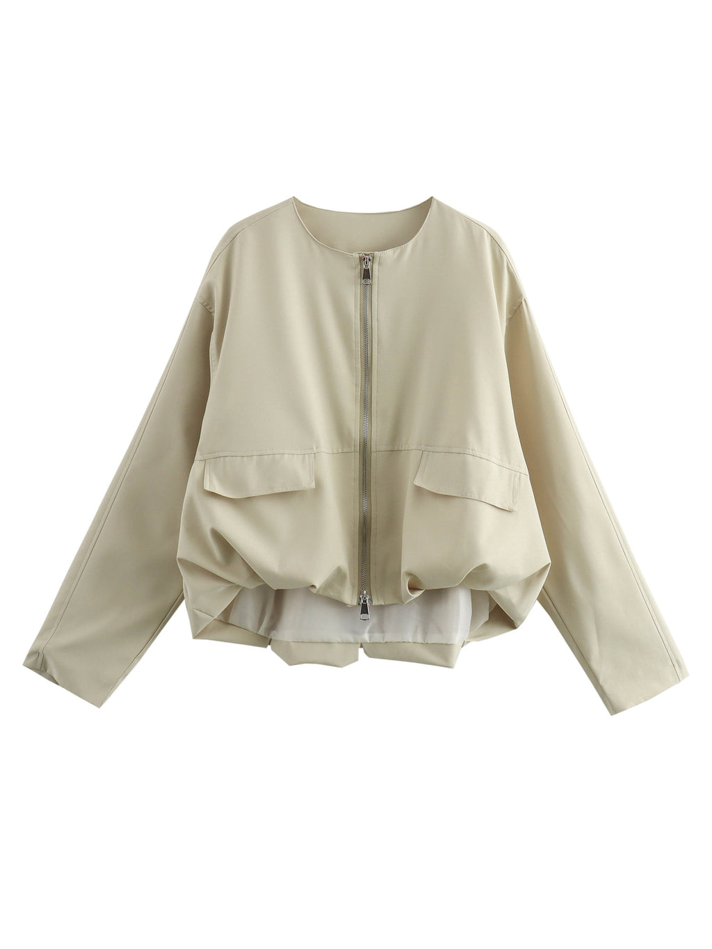 Women Lightweight Cropped Bomber Jacket with Round Neck, Two-Way Zipper and Flap Pockets Fashion Glam
