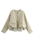 Women Lightweight Cropped Bomber Jacket with Round Neck, Two-Way Zipper and Flap Pockets Fashion Glam