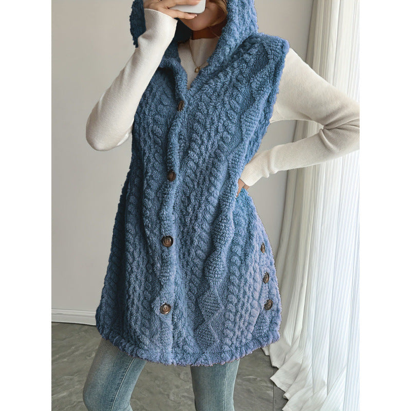 Women's Hooded Teddy Vest with Structured Cable Knit Pattern and Decorative Button Placket Fashion Glam