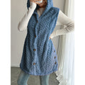 Women's Hooded Teddy Vest with Structured Cable Knit Pattern and Decorative Button Placket Fashion Glam