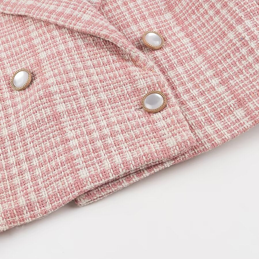 Women's Short Cut Boucle Blazer with Double Breasted Decorative Button Placket and Textured Weave Look Fashion Glam