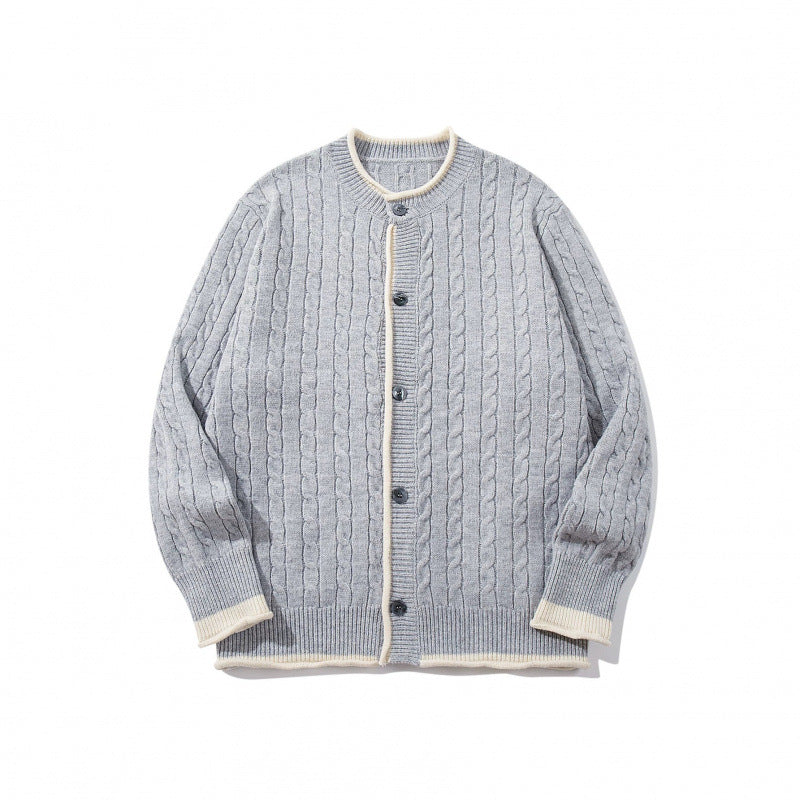 Unisex fine knit cardigan with cable pattern, round neck and contrast trim Fashion Glam