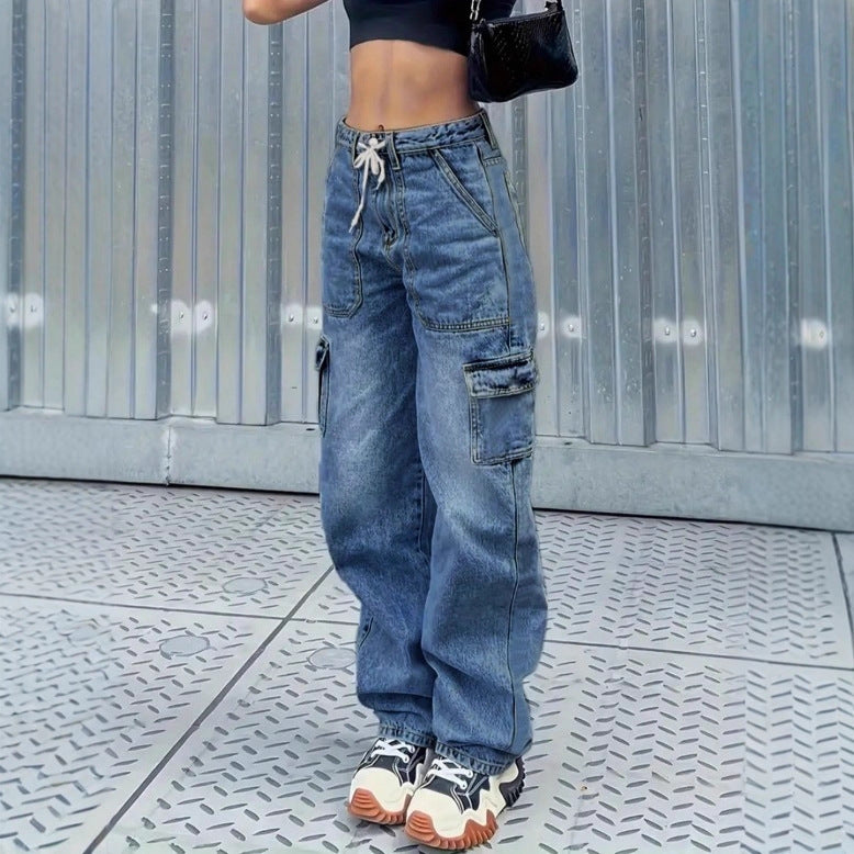 Women's cargo jeans in baggy look with high waist, drawstring and flap pockets Fashion Glam