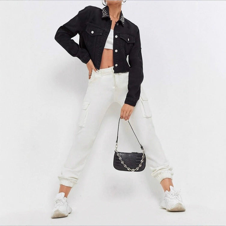 Women's Cropped Denim Jacket with Studded Collar, Frayed Hem and Flap Pockets Fashion Glam