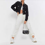 Women's Cropped Denim Jacket with Studded Collar, Frayed Hem and Flap Pockets Fashion Glam