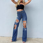 Women High-Waisted Ripped Wide-Leg Jeans with Extra Large Knee Cutouts and Waist-Shaping waistband Fashion Glam