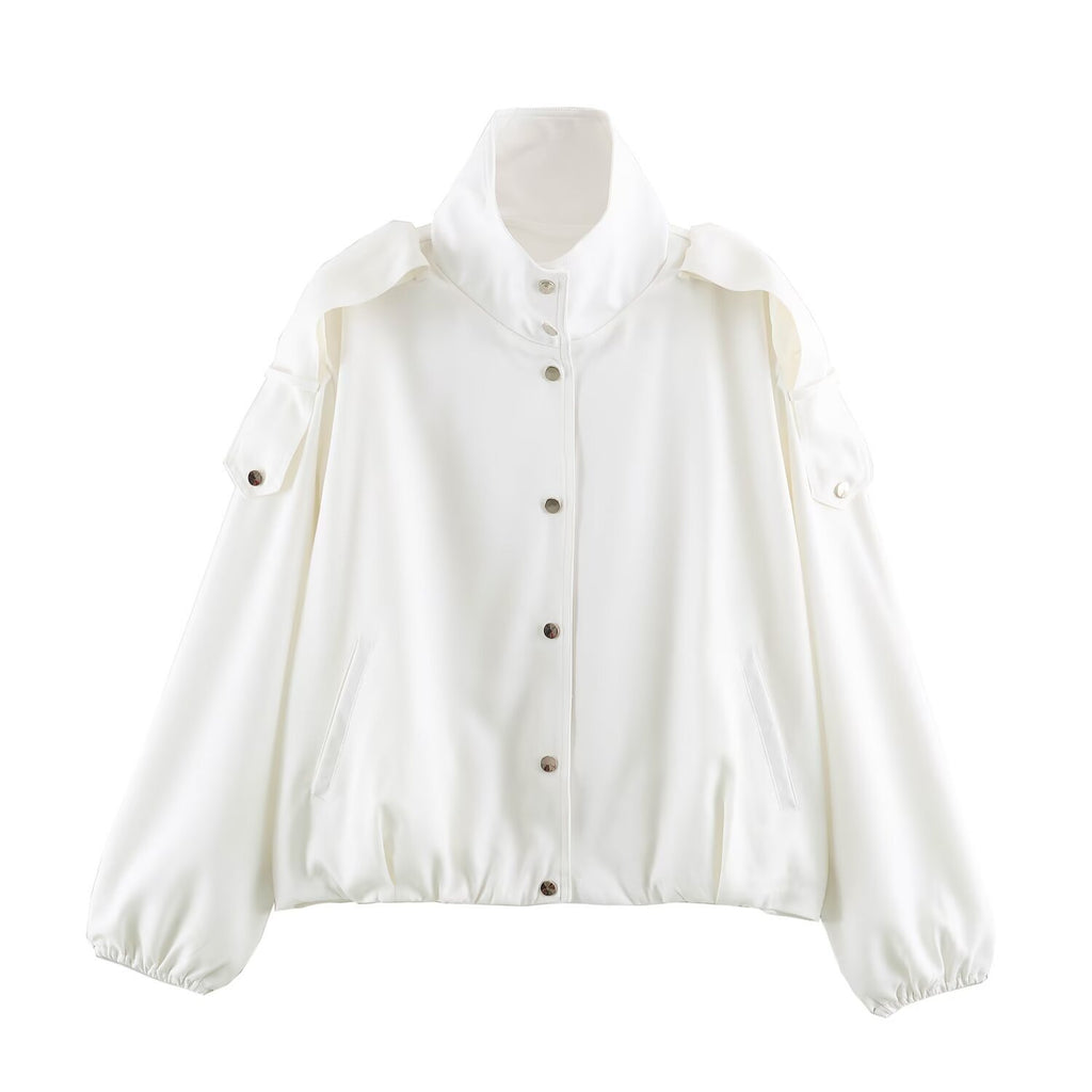 Women's short jacket in oversized bomber style with high stand-up collar and shoulder patches Fashion Glam