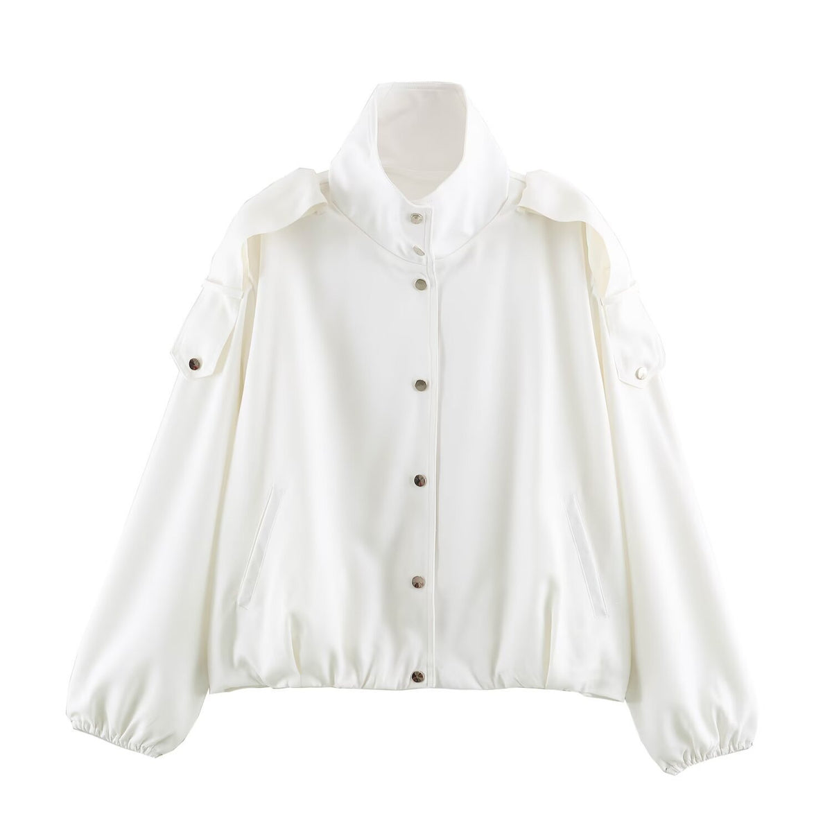 Women's short jacket in oversized bomber style with high stand-up collar and shoulder patches Fashion Glam
