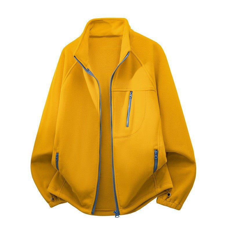 Men's fleece jacket with high stand-up collar, multiple zip pockets, and ergonomic raglan cut Fashion Glam