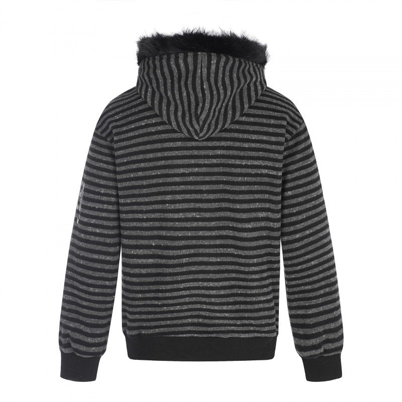 Unisex Striped Hooded Zip Jacket with Faux Fur Hood and Statement Front Print Fashion Glam