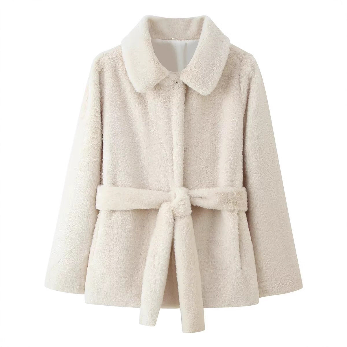 Women's short coat made of cuddly faux fur with shirt collar and tie belt Fashion Glam