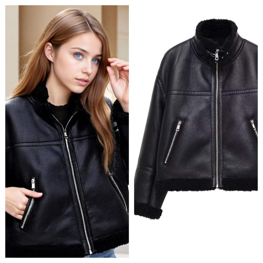Women's Oversize Pilot Jacket made of Faux Leather with Teddy Lining and Stand Collar Fashion Glam