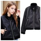 Women's Oversize Pilot Jacket made of Faux Leather with Teddy Lining and Stand Collar Fashion Glam
