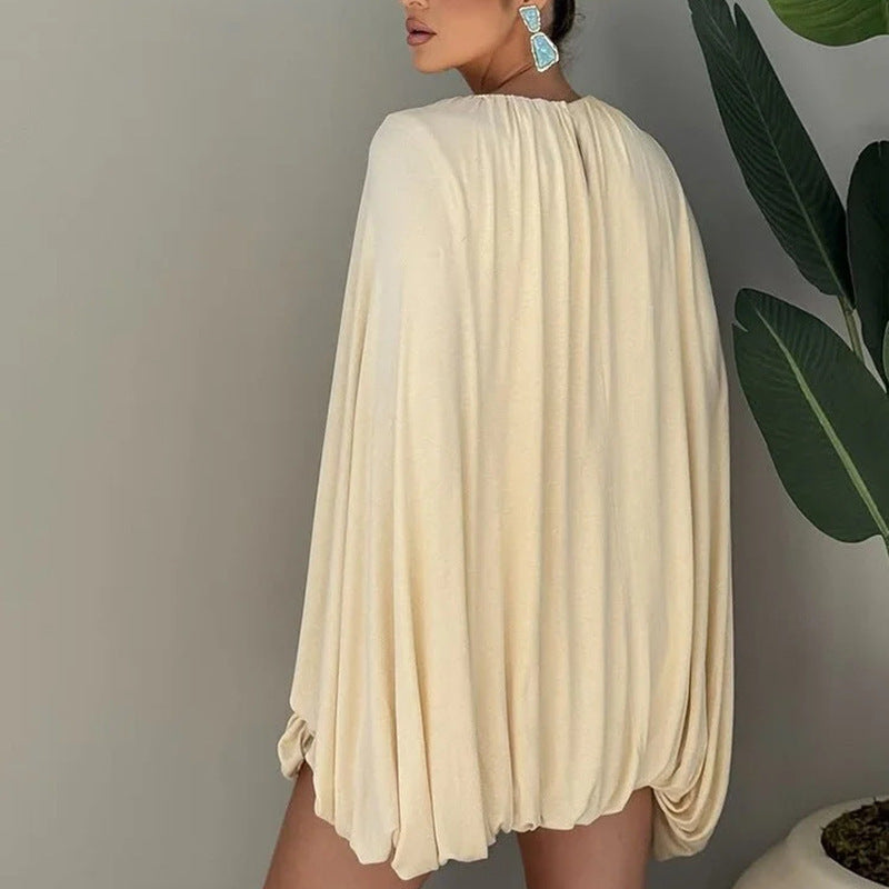 Women Pleated Cape Mini Dress with Round Neckline and Wide Cape Sleeves Fashion Glam