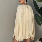 Women Pleated Cape Mini Dress with Round Neckline and Wide Cape Sleeves Fashion Glam