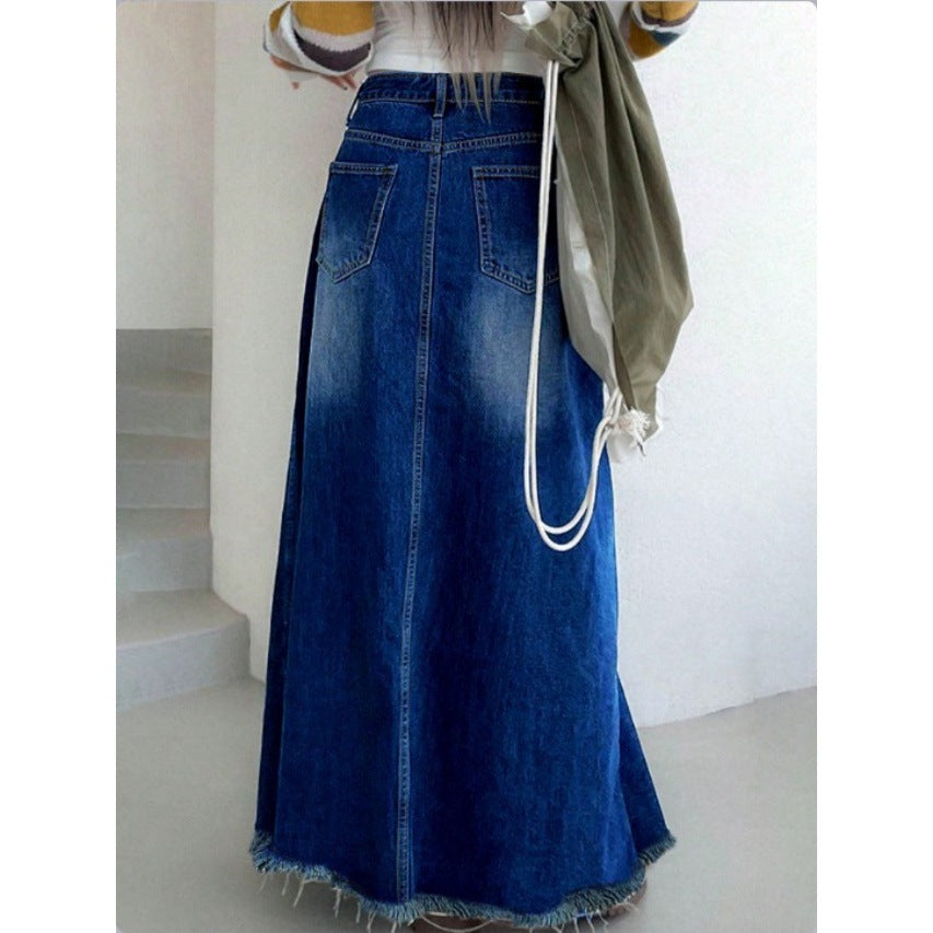 Women's Longer Vintage Jeans Skirt in A-Line Cut with High-Waisted Band and Frayed Hem Fashion Glam