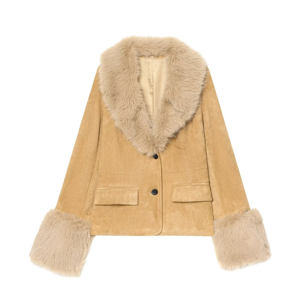 Women's short jacket made of faux suede with voluminous shawl collar and fur cuffs Fashion Glam