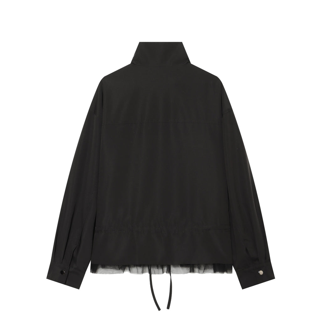 Women's lightweight adjustable windbreaker with stand-up collar, drawstring and tulle trim Fashion Glam