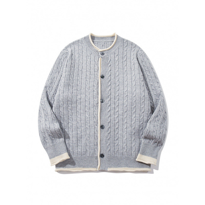 Unisex fine knit cardigan with cable pattern, round neck and contrast trim Fashion Glam