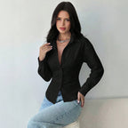 Women's Tailored Striped Shirt Blouse with Lapel Collar and Shaping Waist Fashion Glam