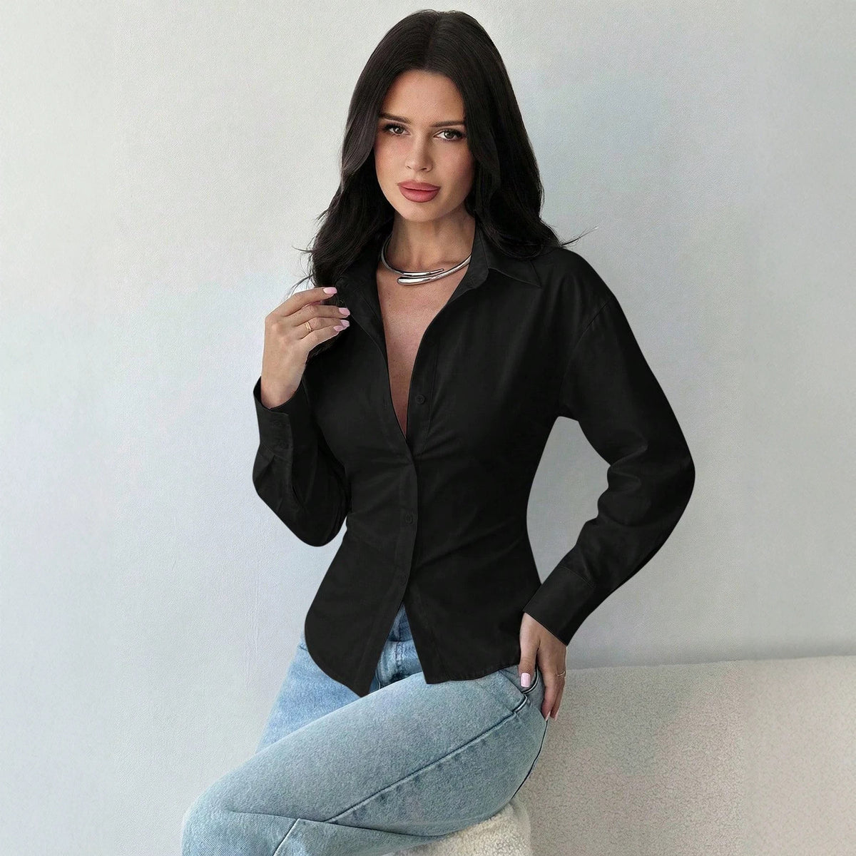 Women's Tailored Striped Shirt Blouse with Lapel Collar and Shaping Waist Fashion Glam