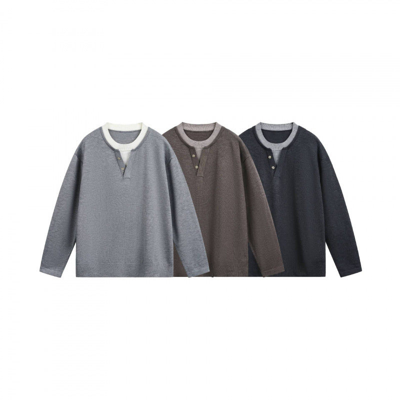 Men's Lightweight Fine Knit Henley Sweater with Contrast Collar and Relaxed Fit Fashion Glam