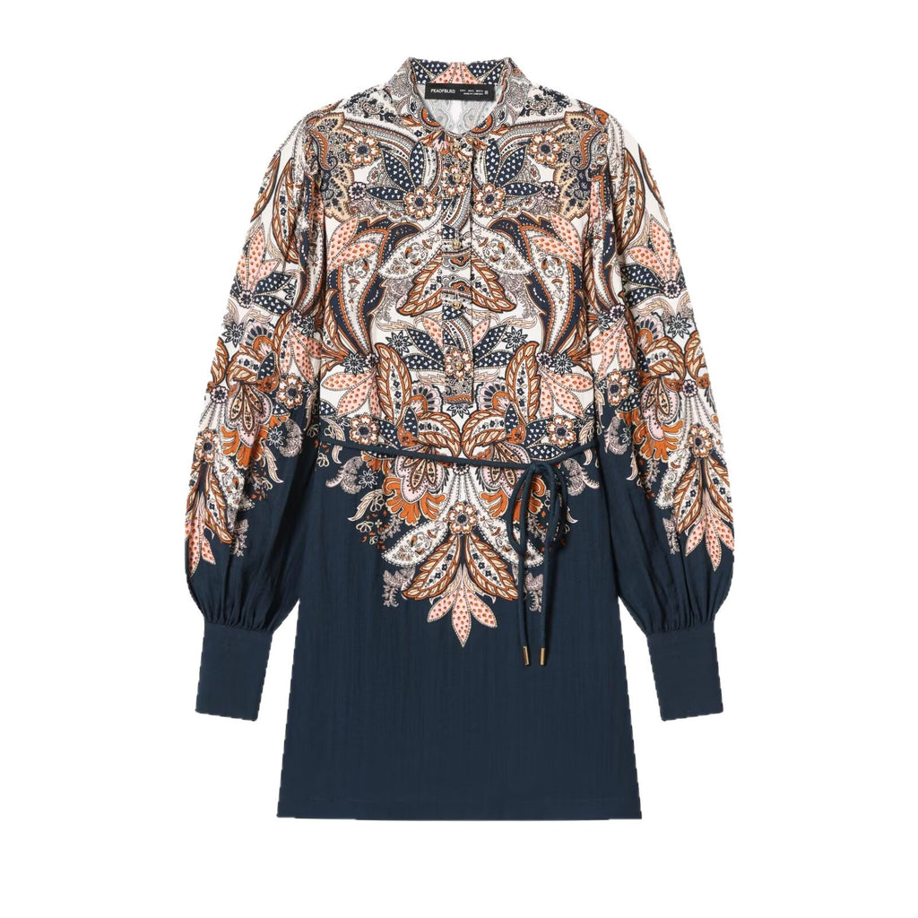 Women's Patterned Tunic Dress with Ties, Stand Collar and Balloon Sleeves Fashion Glam