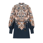 Women's Patterned Tunic Dress with Ties, Stand Collar and Balloon Sleeves Fashion Glam