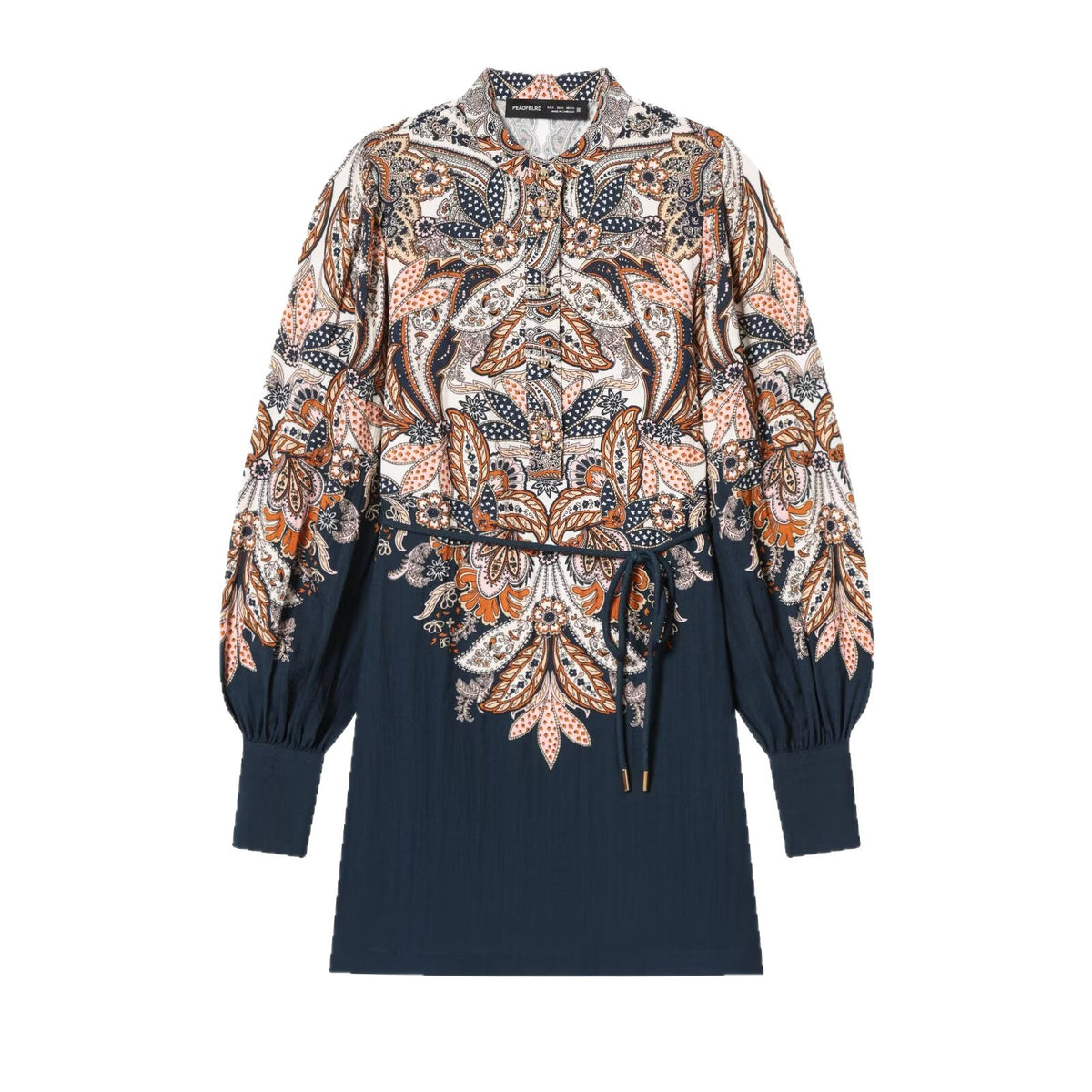 Women's Patterned Tunic Dress with Ties, Stand Collar and Balloon Sleeves Fashion Glam